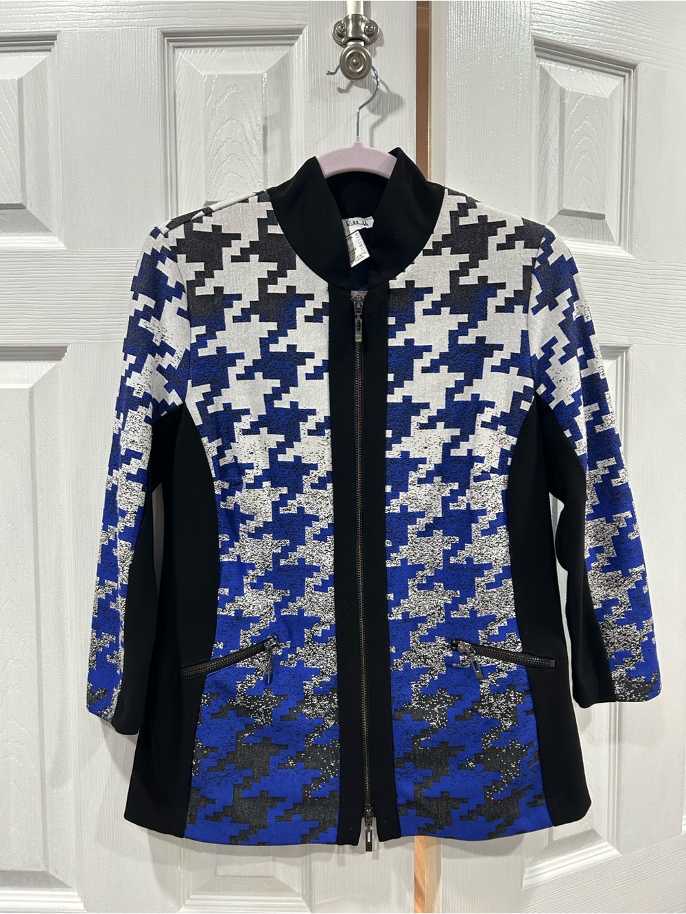 Joseph Ribkoff Blue & Black Houndstooth Zip Jacket (runs small)